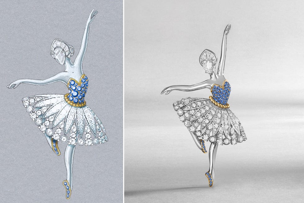 當代高級珠寶leonore芭蕾舞伶胸針，白k金、黃k金鑲綴藍寶石、鑽石。