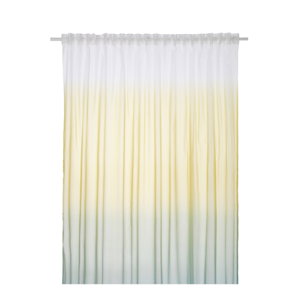 a white and yellow striped curtain