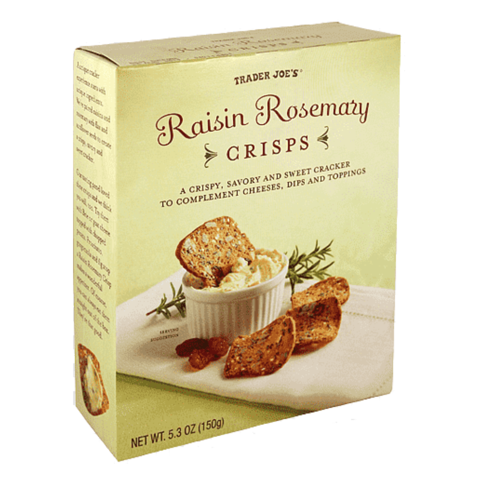 box of raisin rosemary crisps by trader joes