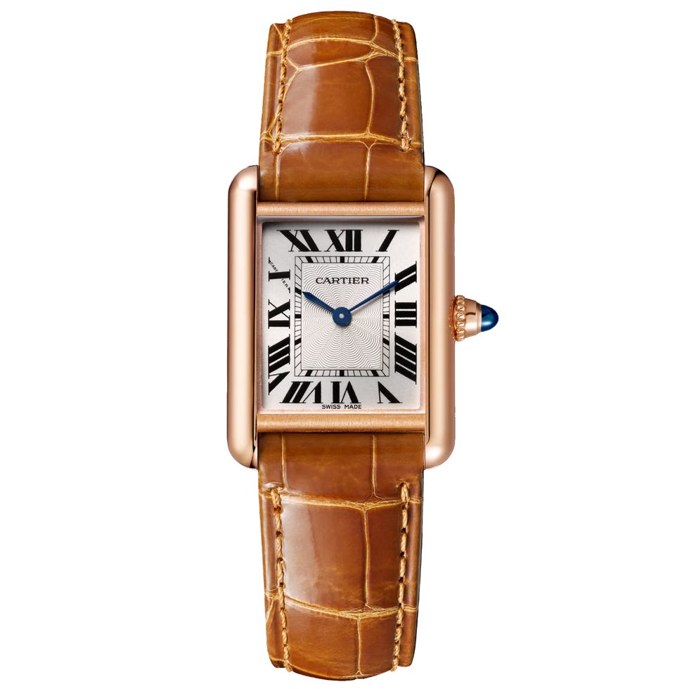 luxury rectangular watch with a leather strap and roman numerals