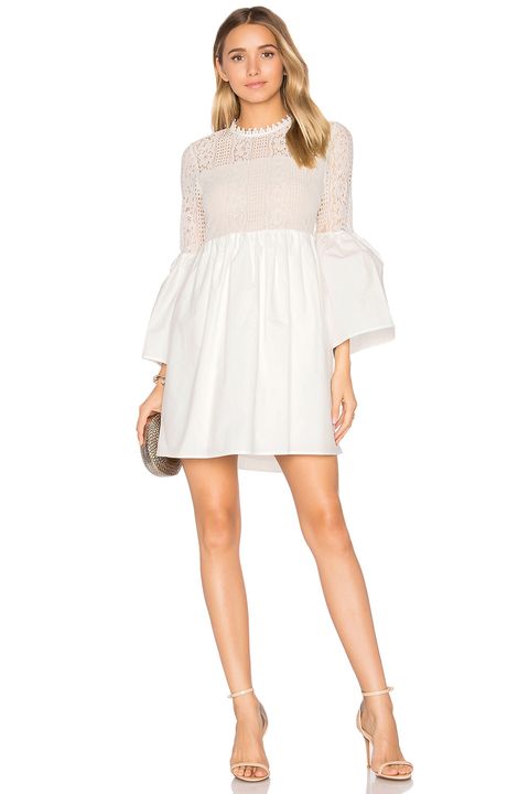 Clothing, White, Dress, Shoulder, Day dress, Sleeve, Cocktail dress, Neck, Joint, Fashion, 