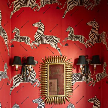 Red powder room in Scalamandre Zebra wallpaper