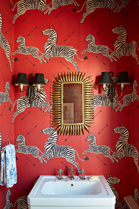 Red powder room in Scalamandre Zebra wallpaper
