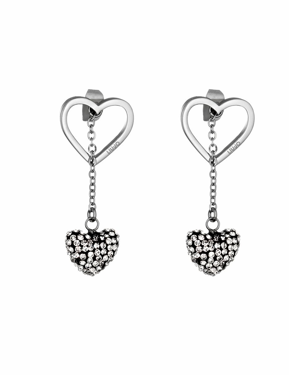 Orecchini in acciaio color argento, charm a forma di cuore con brill applicati e chiusura a farfalla