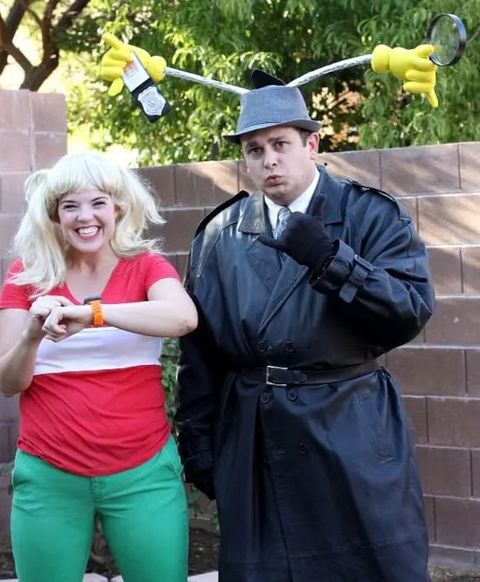 a woman dressed as penny and a man dressed as inspector gadget as part of an '80s couple halloween costume