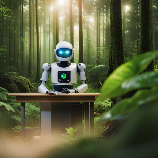 un robot che lavora a una scrivania in mezzo alla foresta