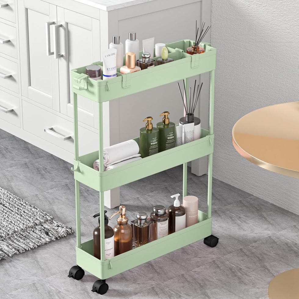 rolling storage cart with beauty and personal care products