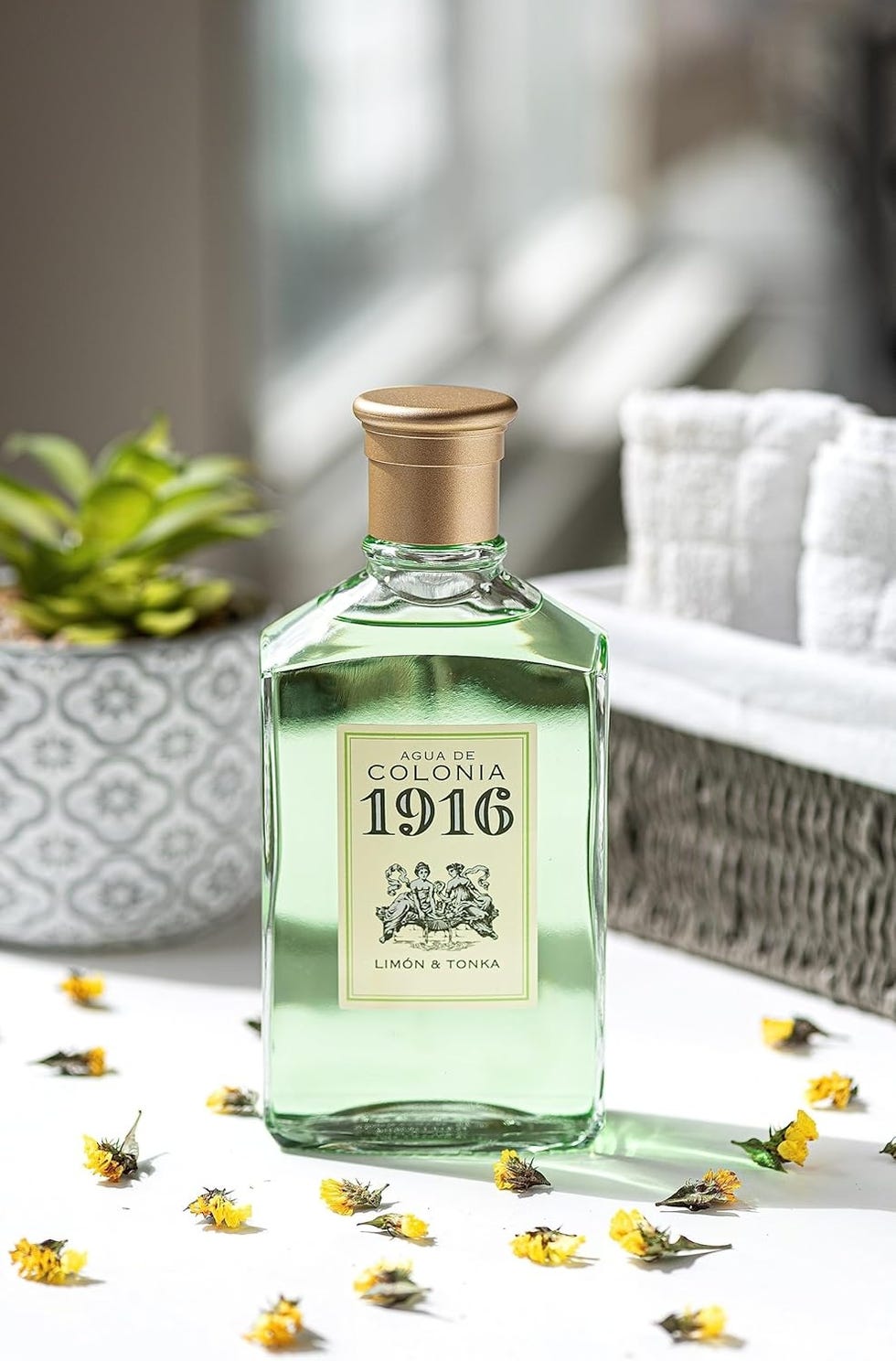 fragrant bottle of agua de colonia 1916 limón tonka with a botanical theme