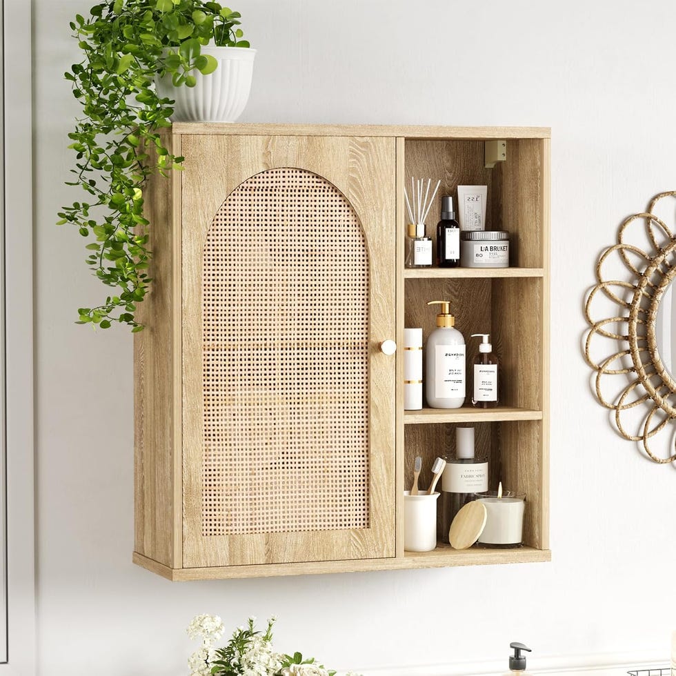 bathroom storage cabinet with skincare products and a plant