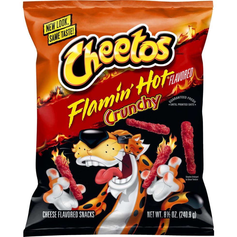 bag of flamin hot crunchy cheetos featuring chester cheetah