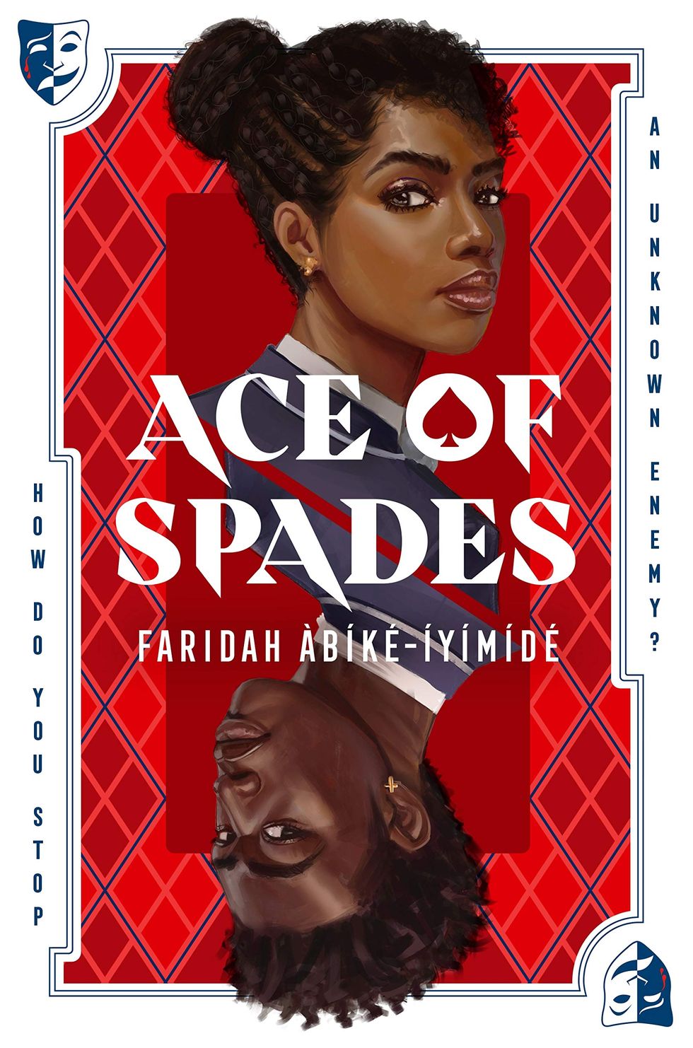ace of spades' by faridah abíke iyimide cover featuring two black students offset from each other as if on a playing card with a red card like background