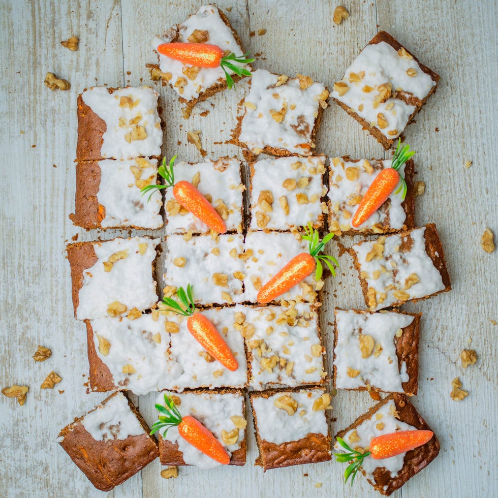 carrot cake pieces with carrots on top
