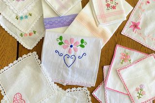 Product, Handkerchief, Pink, Textile, Napkin, Embroidery, Needlework, Stitch, Linens, Pattern, 
