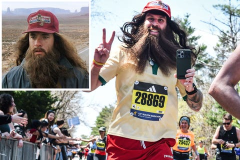 a person running while dressed as forrest gump