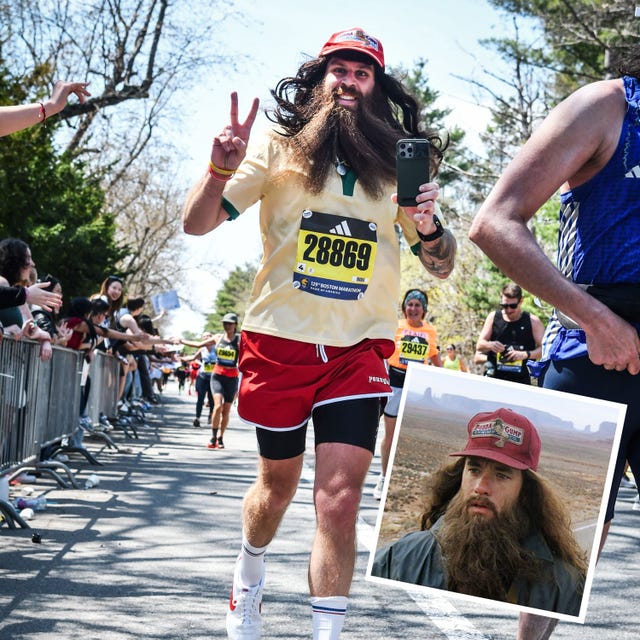a person dressed as forrest gump running a race