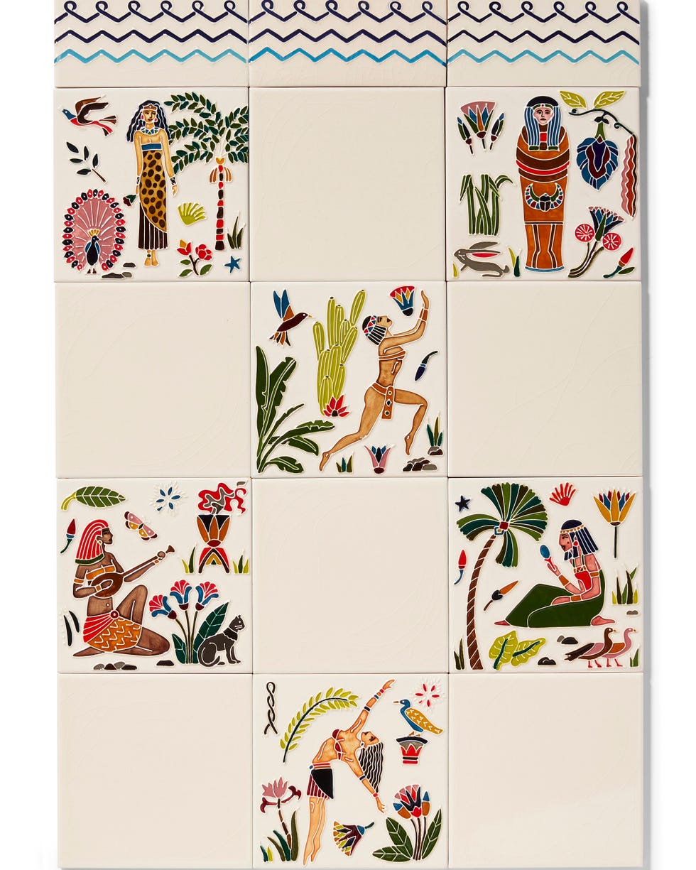 Decorative tiled mural featuring vibrant illustrations of ancient figures and flora.