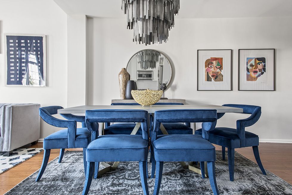 Dining room, Room, Furniture, Table, Interior design, Blue, Kitchen & dining room table, Property, Chair, Chandelier, 