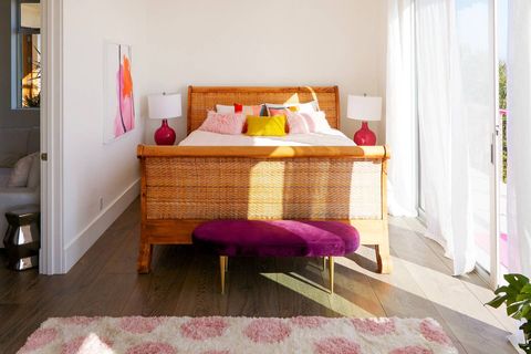 Furniture, Room, Bedroom, Bed, Property, Interior design, Product, Bed frame, Floor, Pink, 