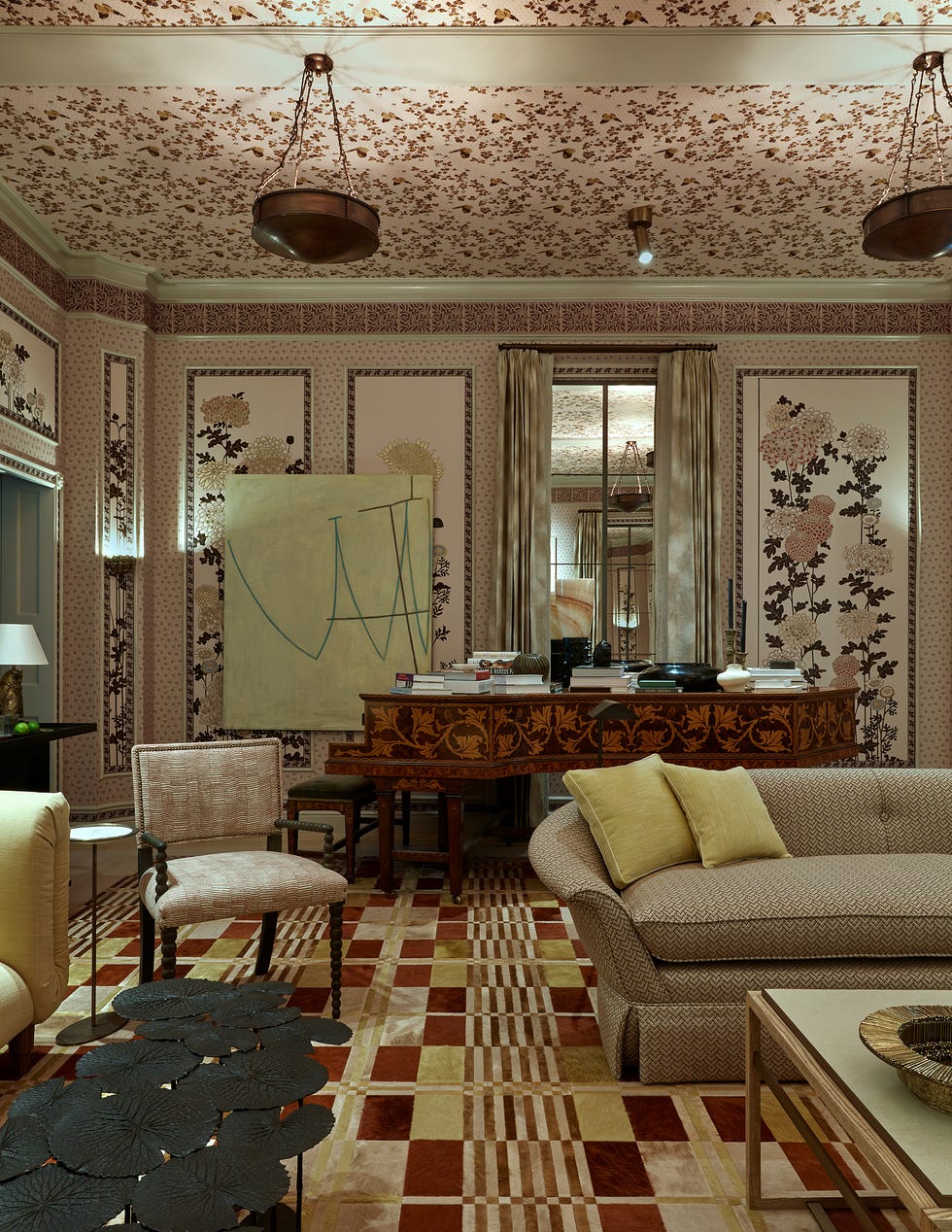 Luxurious living room with rich textures and patterns