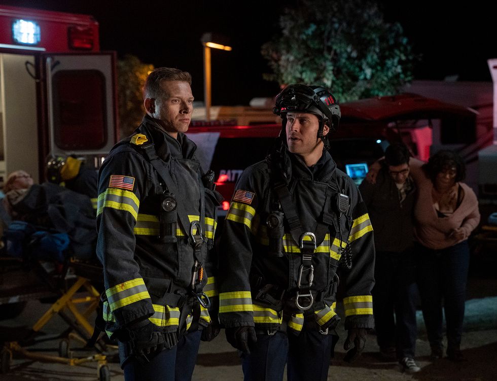 9 1 1 l r oliver stark and ryan guzman in the whats next season finale episode of 9 1 1 airing monday, may 11 800 901 pm etpt on fox photo by fox via getty images