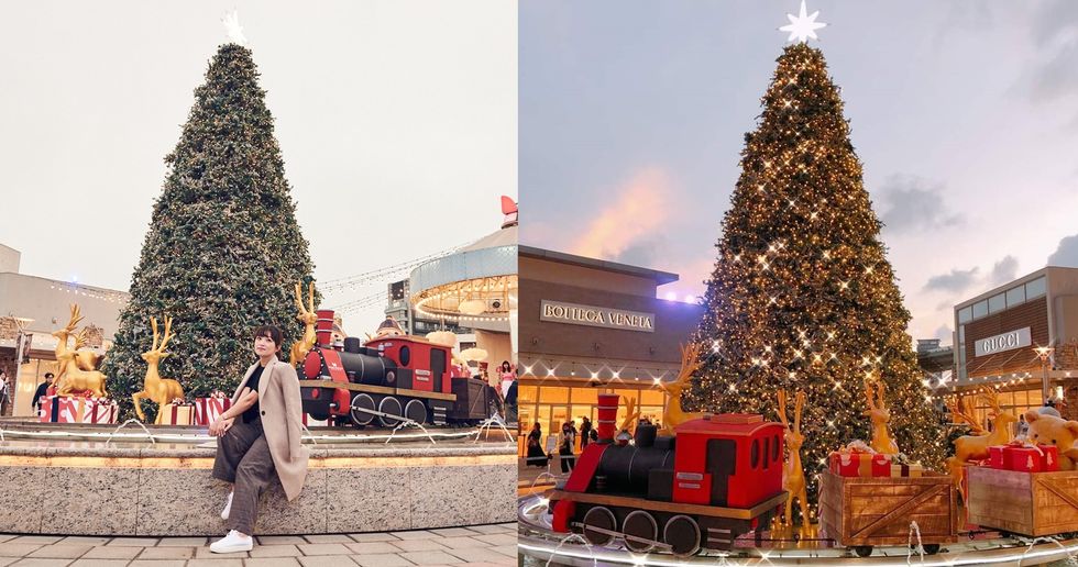 桃園華泰名品城「五大祝福系聖誕村」：噴水池廣場，水上幸福列車環繞8米聖誕樹。