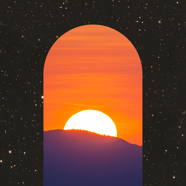 a sunrise in a keyhole over a starry sky