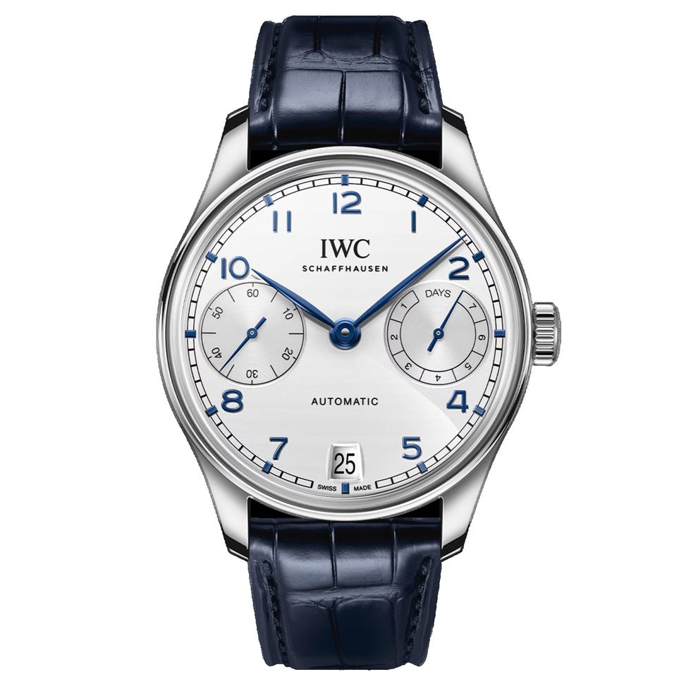 a luxury automatic watch with a white dial blue accents and a navy leather strap