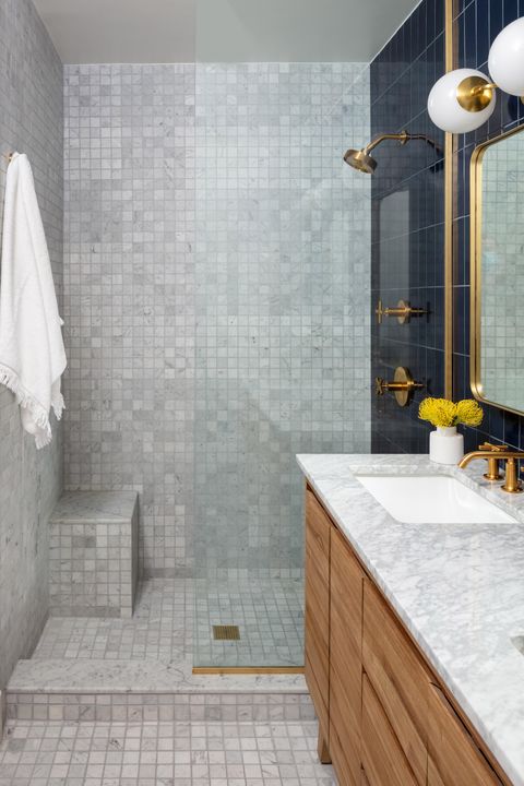 shower, grey tiles, wooden cabinet