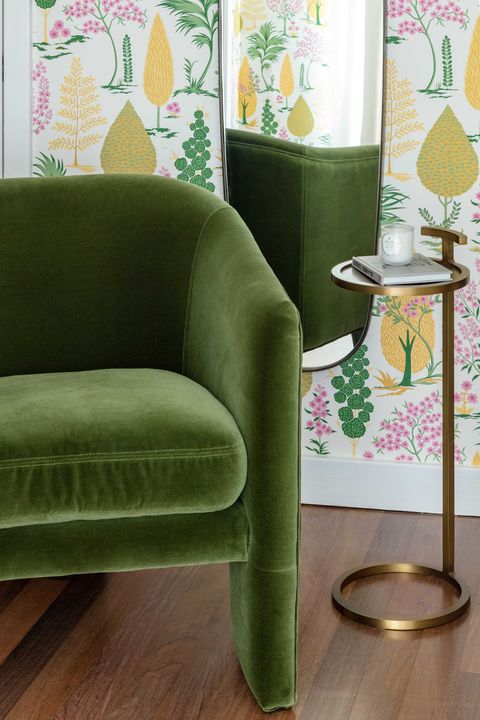green chair, golden side table