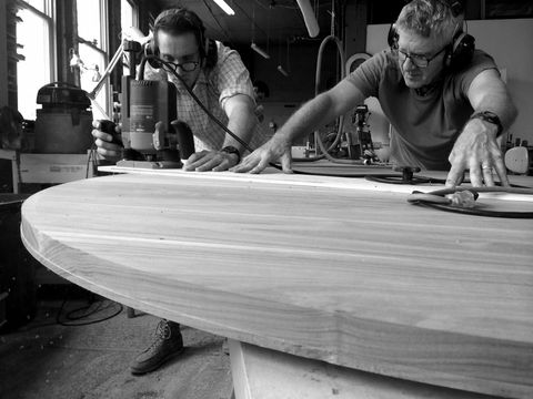 Surfing Equipment, Surfboard, Surfboard shaper, Wood, Table, Recreation, Surfing, Black-and-white, Surface water sports, Style, 