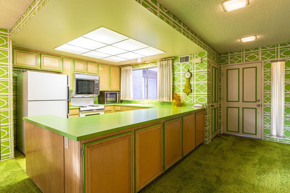 Green, Room, Property, Building, Yellow, Interior design, Ceiling, Furniture, Cabinetry, House, 