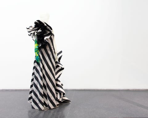 a black and white striped gown with ruffles