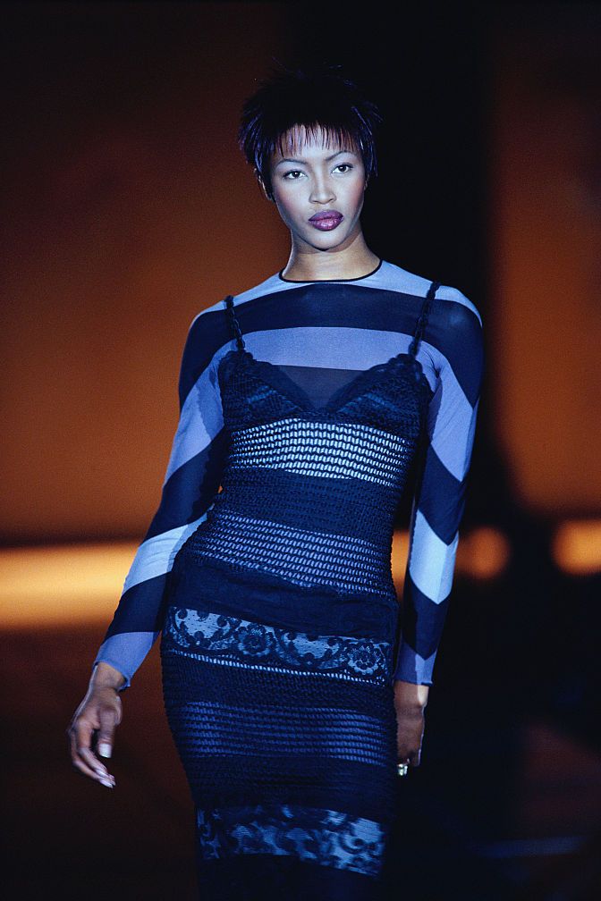 best 90s fashion trends, supermodel naomi campbell modeling versace dress