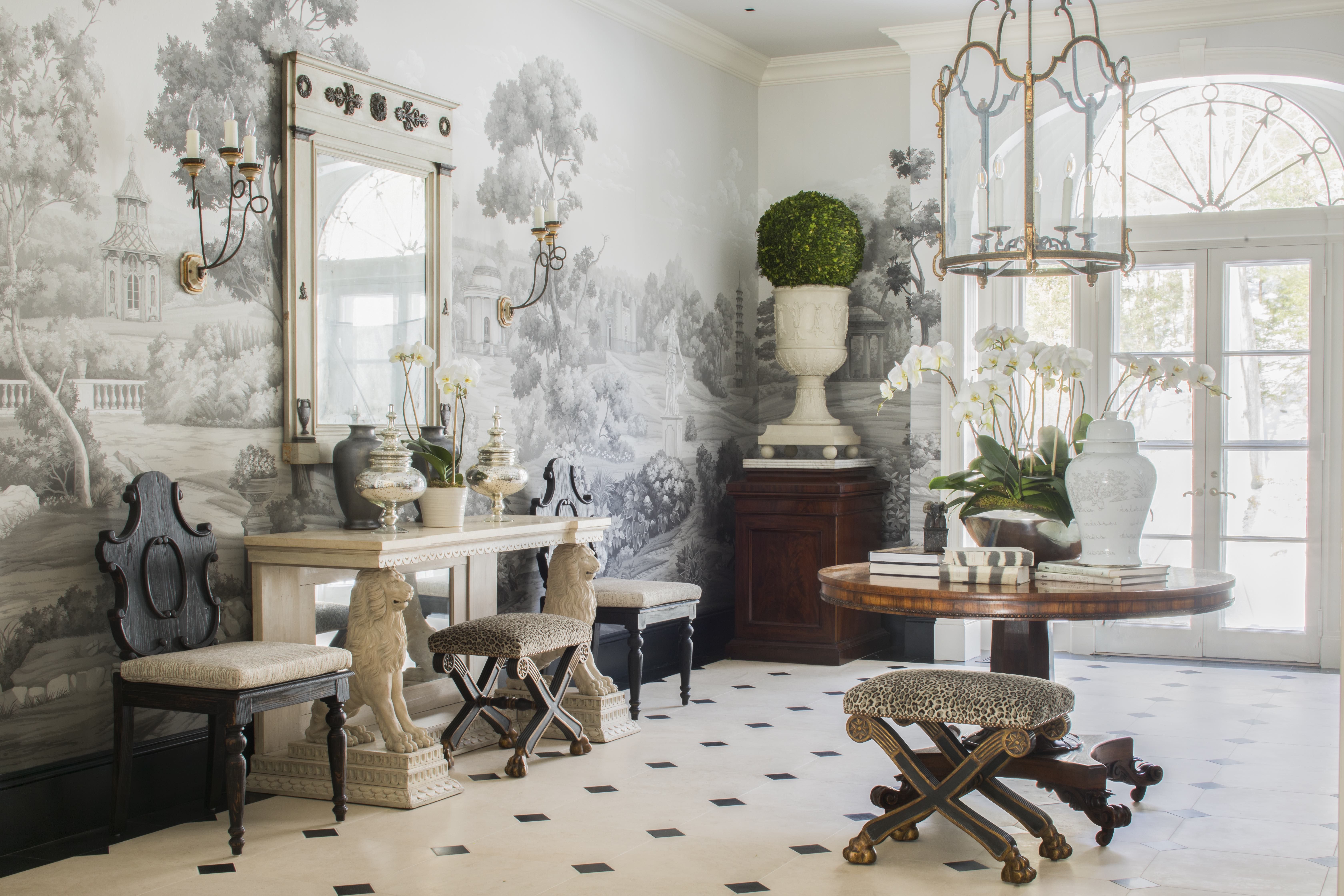 Modern Foyer Design with 3D Wallpaper and White Finished Cabinets  Livspace