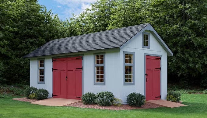 Garden storage shed with dual front doors and windows.