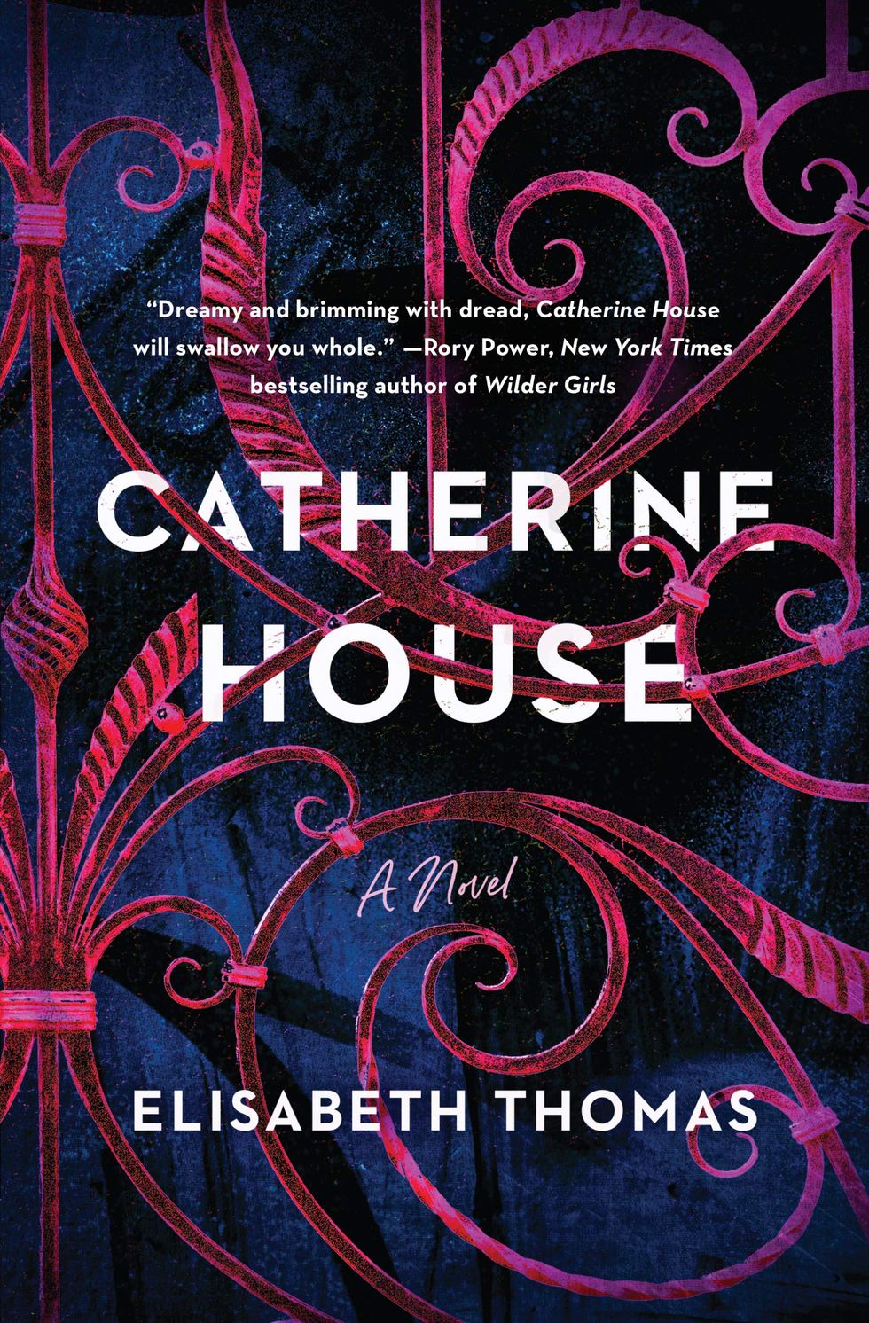 catherine house by elisabeth thomas cover featuring a dark navy background with a spiraling neon pink gate overlaid