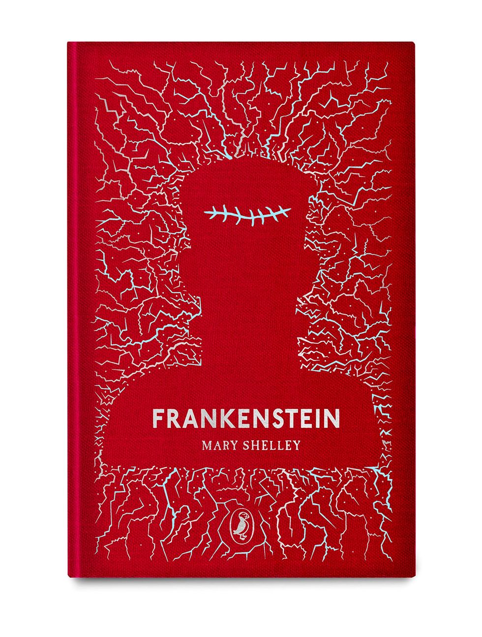 frankenstein by mary shelley cover puffin edition with a bold red cover and an outline of the monster with light blue electric charges coming from him