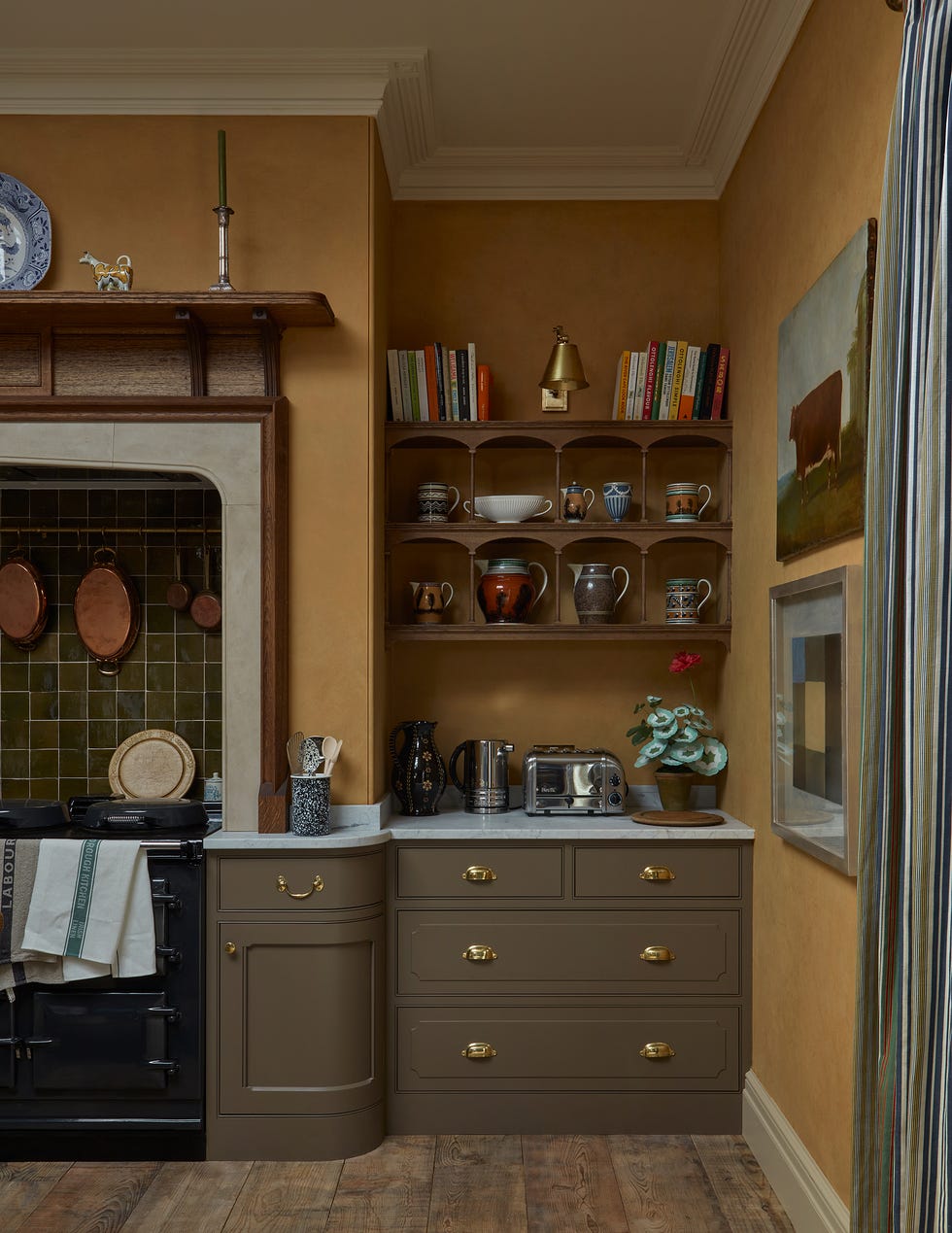 Interior corner of a kitchen with shelves and appliances