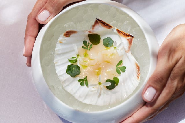 Seafood dish presented in a scallop shell on ice, garnished with greens and flowers.
