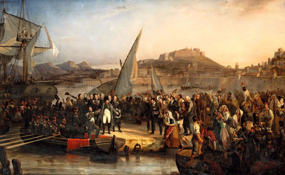Dit schilderij uit 1836 van Joseph Beaume geeft een historisch uiterst getrouw beeld van Napoleons vertrek uit Elba op 26 februari 1815