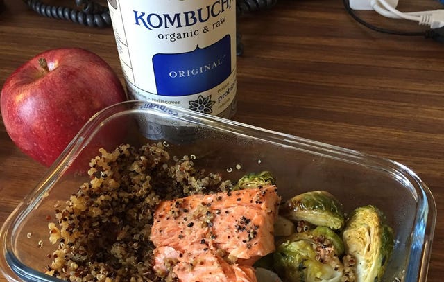 salmon lunch with kombucha