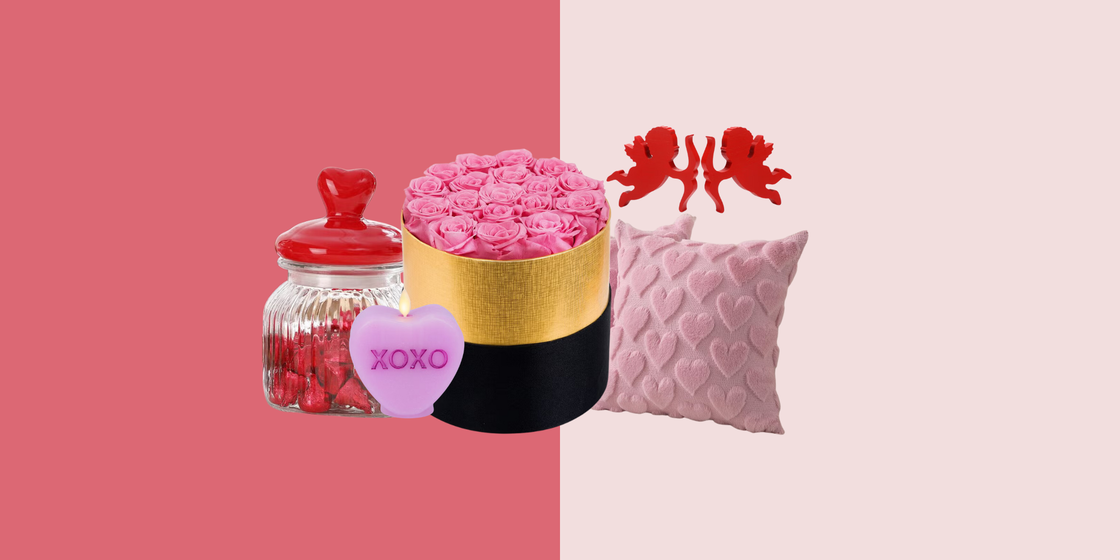 Variety of romantic gifts including flowers, chocolates, and decor.
