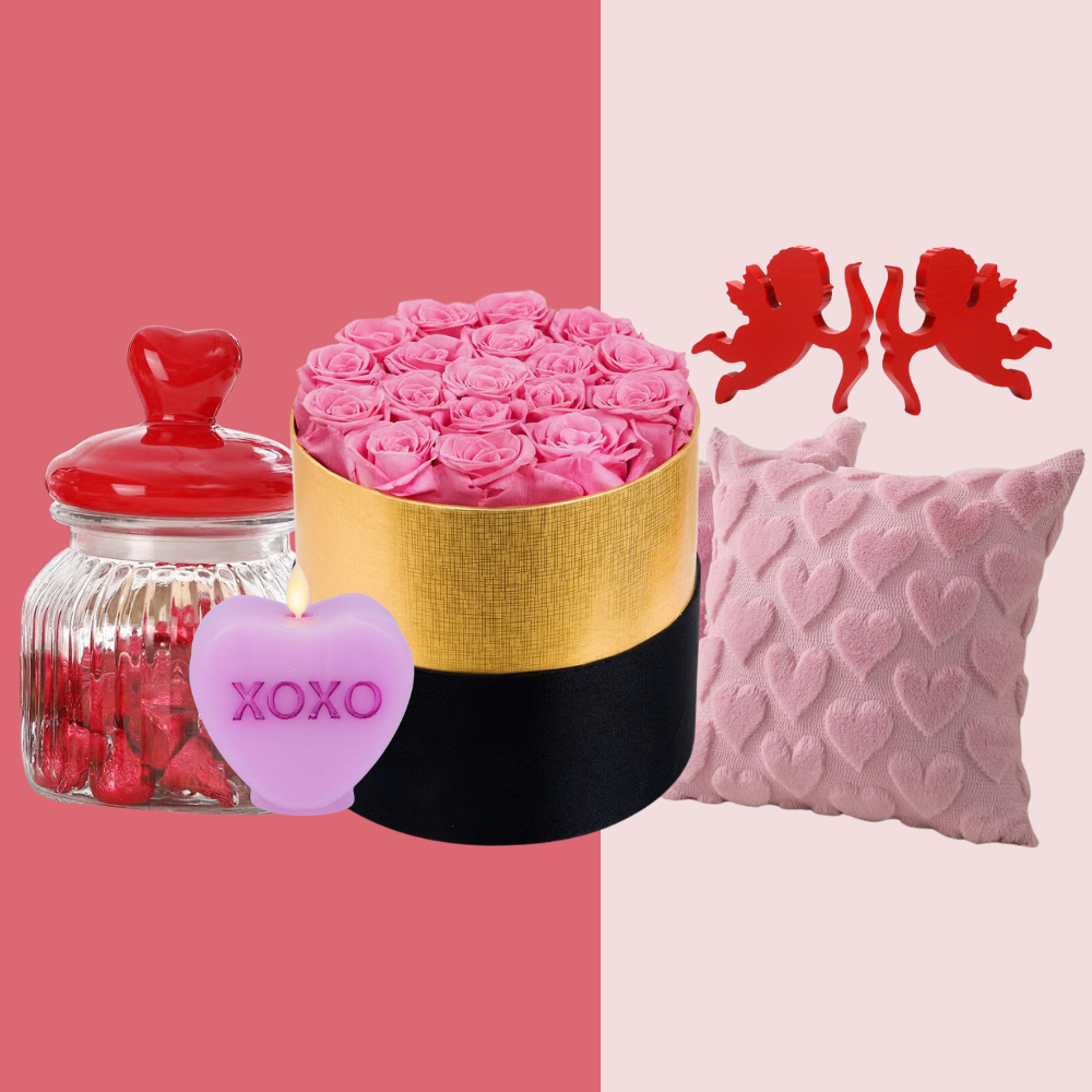 Variety of romantic gifts including flowers, chocolates, and decor. Variety of romantic gifts including flowers, chocolates, and decor.