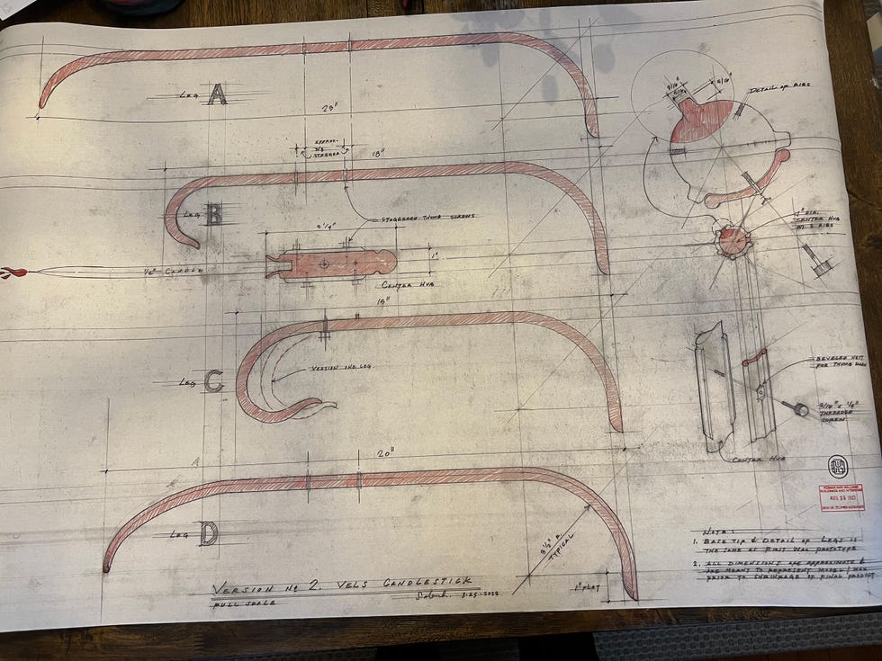 Technical drawing of candle stick designs with labeled components and measurements.