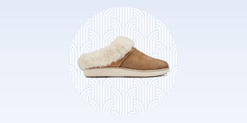 A cozy slipper with a fur lined cuff set against a decorative background