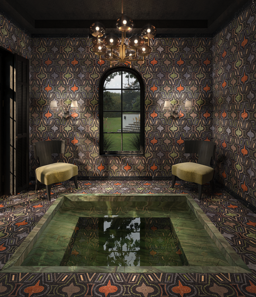 A stylish indoor space featuring a small pool and patterned walls.