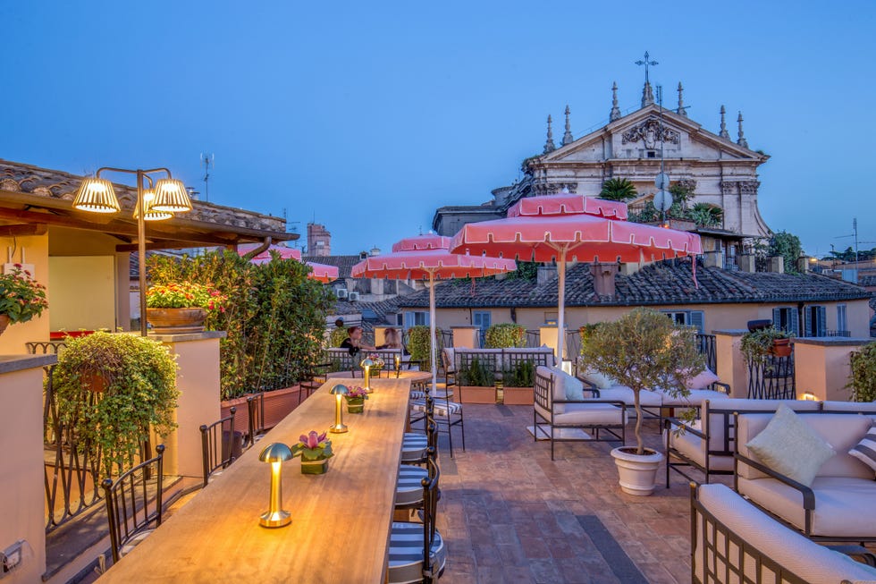 rooftop bar with red umbrellas