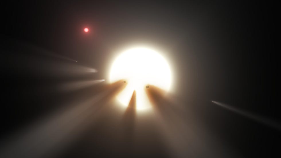 Op deze illustratie staan kometen afgebeeld die voor de ster van Boyajian langs passeren Dit is een andere mogelijke theorie voor het flikkerende licht van de ster