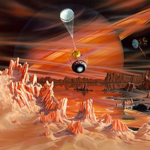 kunstenaarsimpressie van Titan Kunstenaarsimpressie van het oppervlak van Titan terwijl de Huygens sonde daalt en landt op de maan het Cassini ruimtevaartuig vliegt erboven