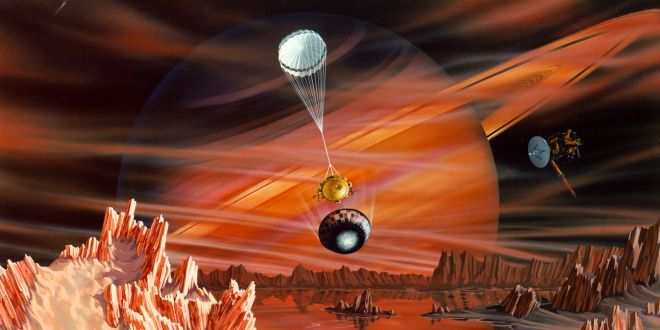 Kunstenaarsimpressie van het oppervlak van Titan terwijl de Huygens sonde daalt en landt op de maan het Cassini ruimtevaartuig vliegt erboven